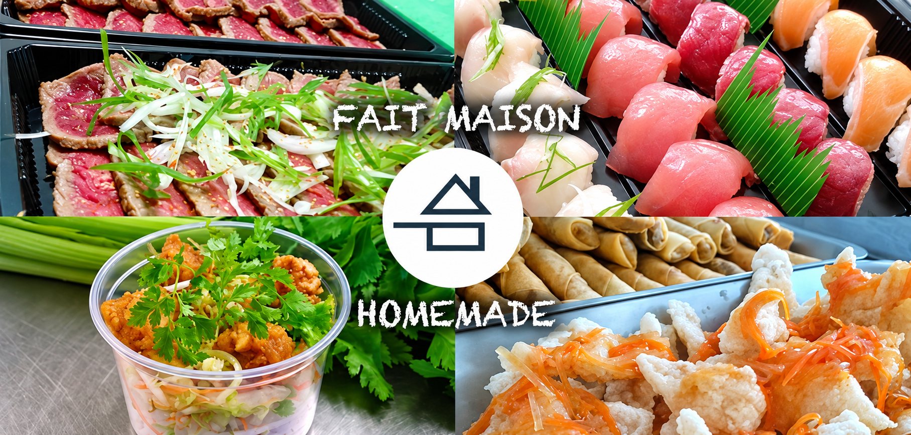 Plats faits maison : sashimi, tataki, nems et verrine
