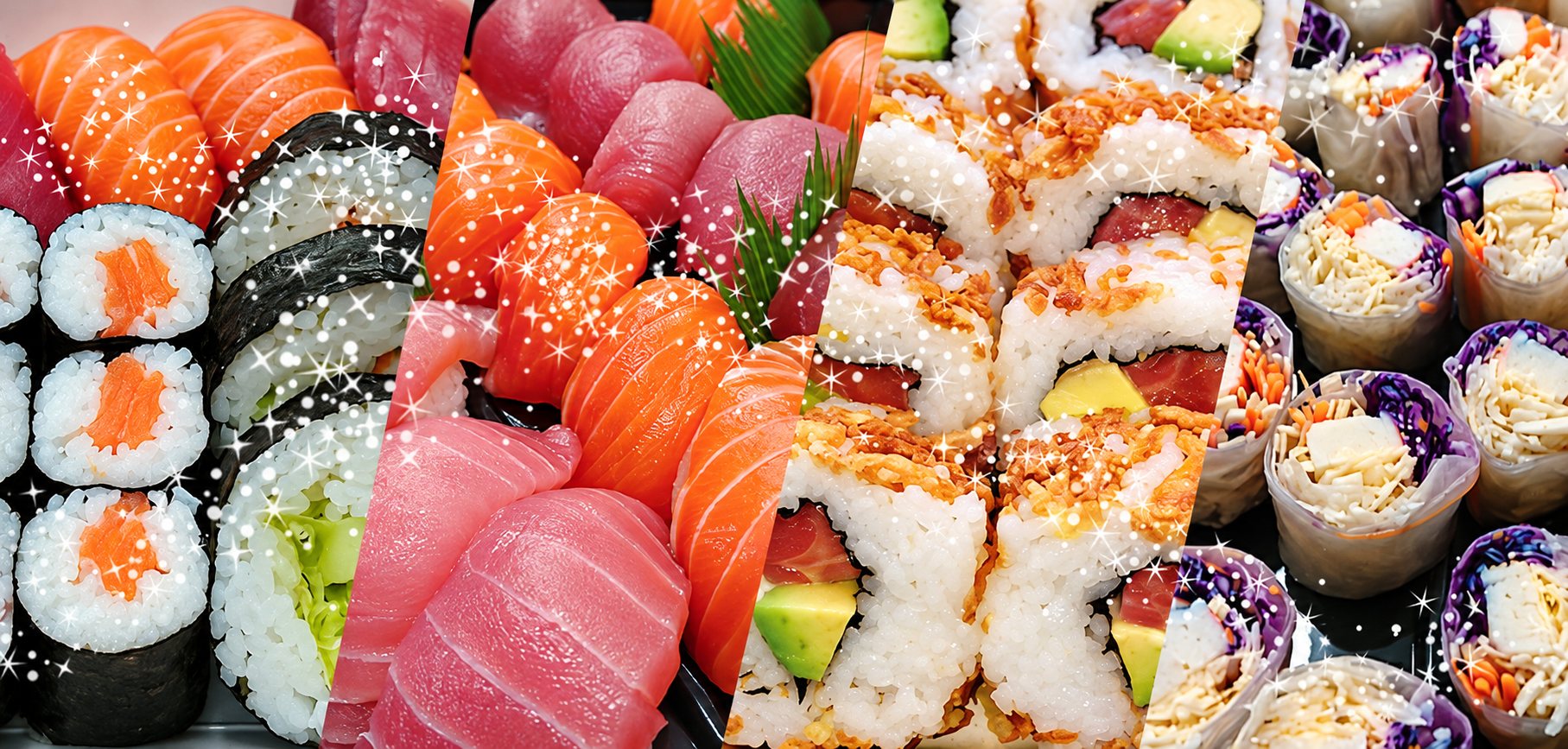 Sushis, makis, sashimis et rouleaux de printemps colorés